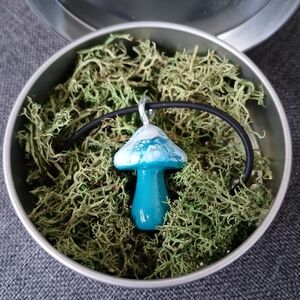"Oceans Blue" Handmade Wooden Pour Painted Mushroom Rubber Silicone Necklace